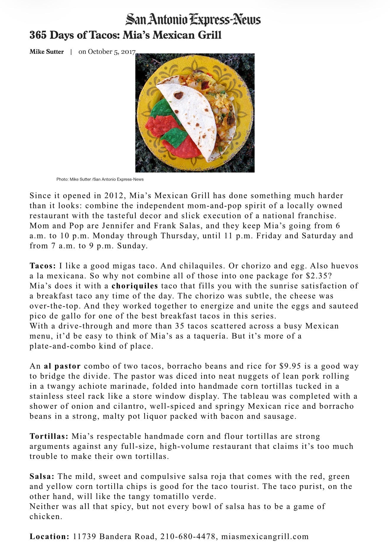 San Antonio Express-News 365 Days of Tacos feature on Mia's Mexican Grill